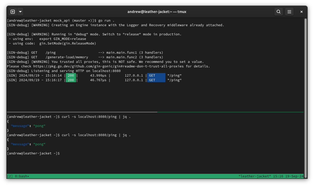 un paio di finestre di tmux sullo scenario descritto