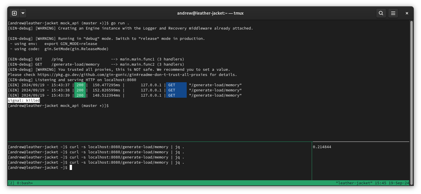 un paio di finestre di tmux sullo scenario descritto